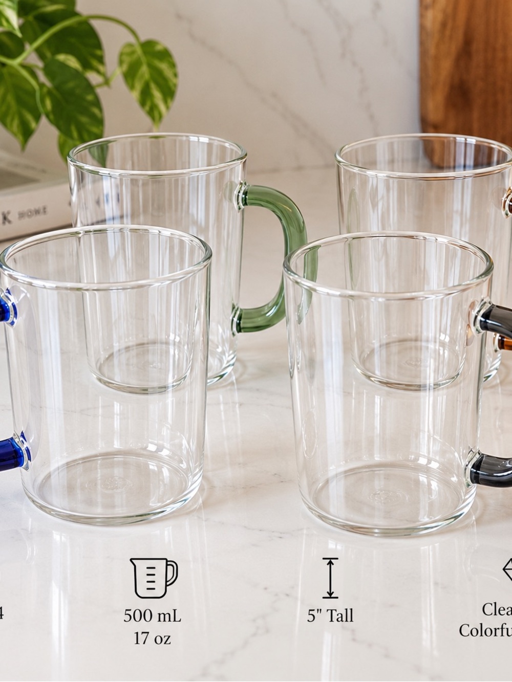 Clear Glass Mug set with Green, Amber, cobalt and smoky Handle - 17 oz